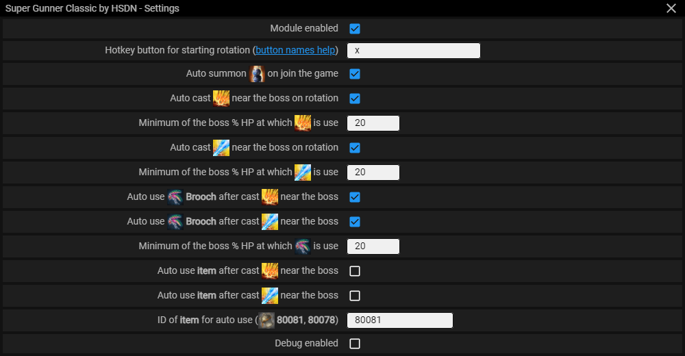 Menu screenshot Super Gunner (for Classic Patch) — Module menu
