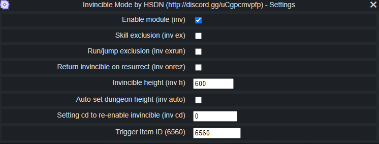 Menu screenshot Invincible Mode — Module menu