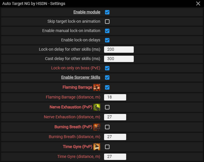 Menu screenshot Auto Target NG — Sorcerer