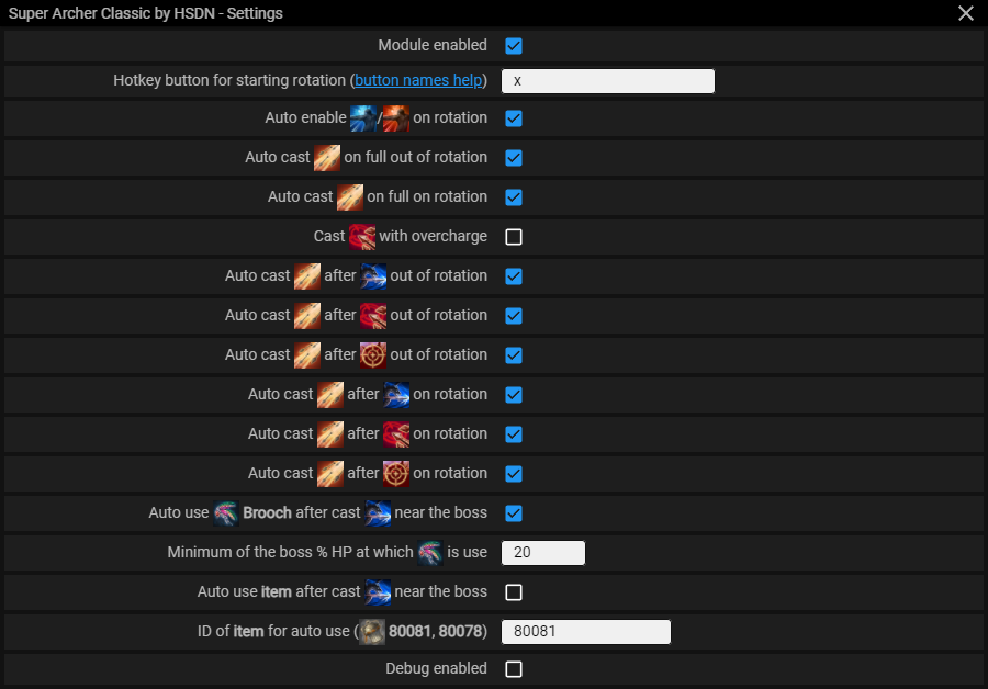 Menu screenshot Super Archer (for Classic Patch) — Module menu