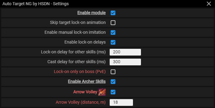 Menu screenshot Auto Target NG — Archer