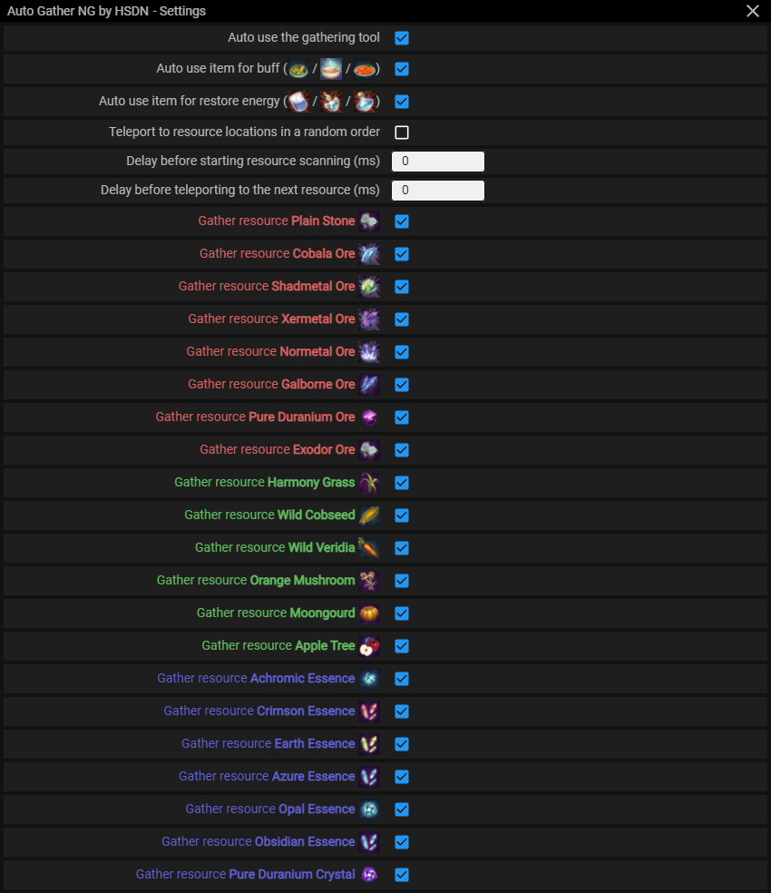 Menu screenshot Auto Gather NG — Module menu